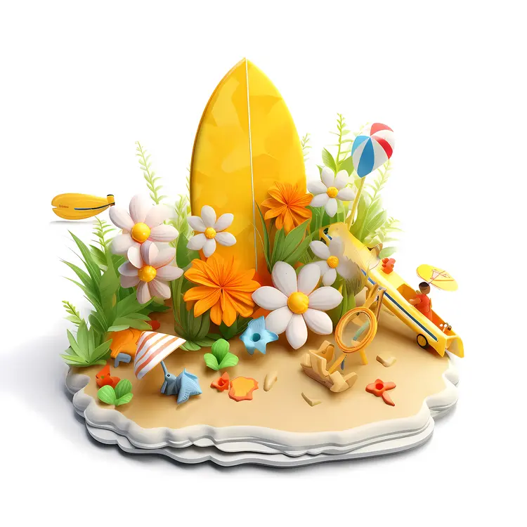 Surfboard with Flowers on the Beach