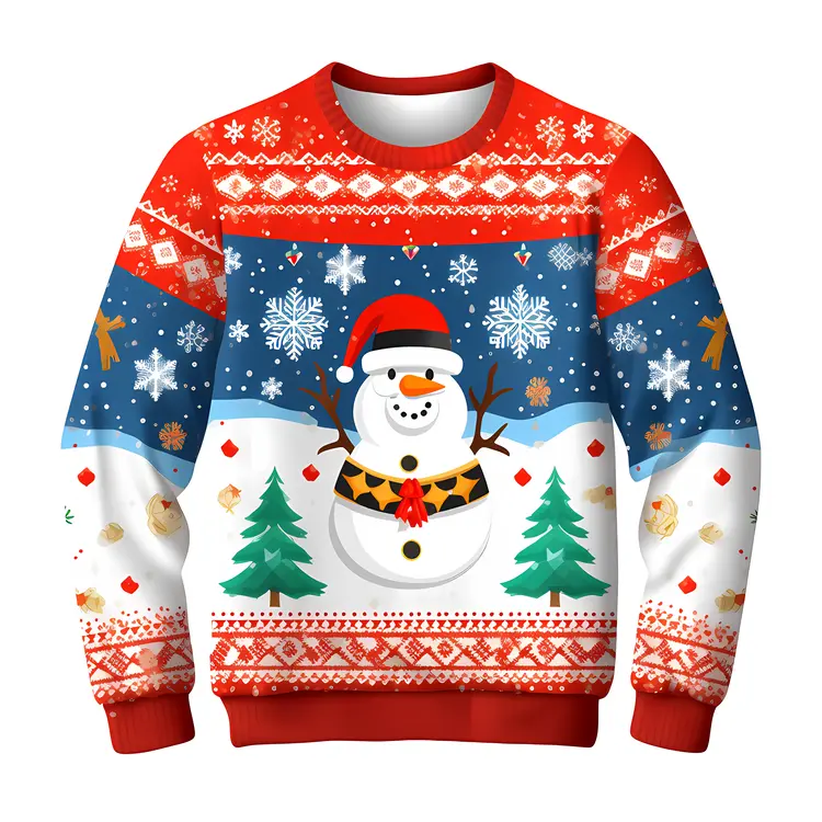 Snowman Sweater with Christmas Trees and Snowflakes