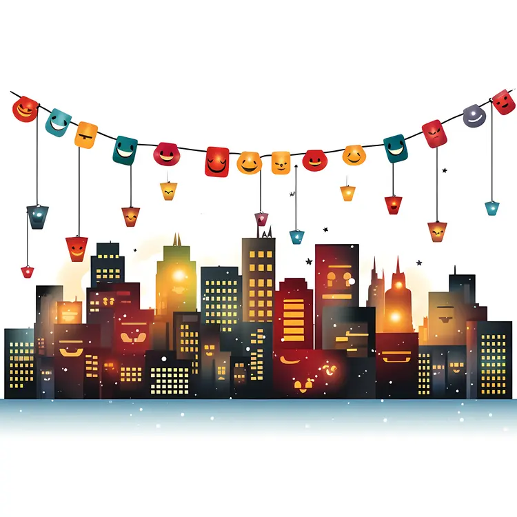 City Skyline with Lantern Decorations