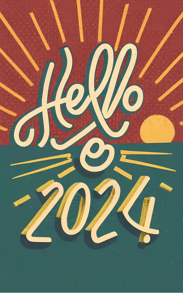 Retro Style Hello 2024 with Sunrise