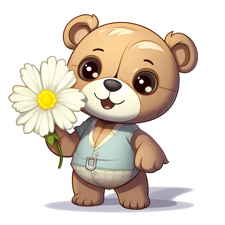 Cute Cartoon Bear Holding a Flower