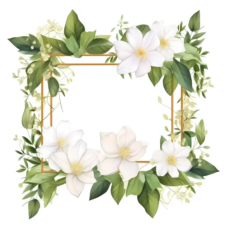 Elegant Floral Frame with White Flowers and Green Leaves