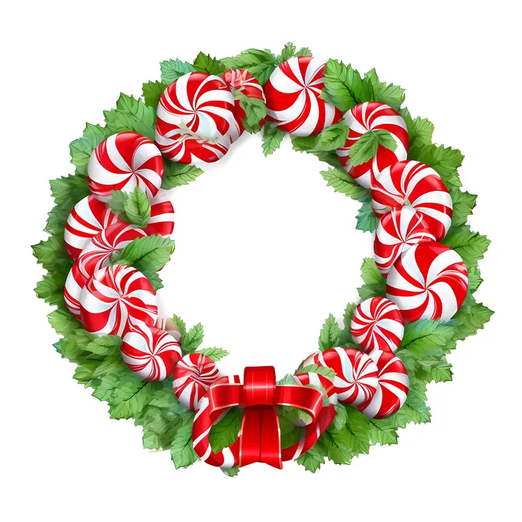 Festive Christmas Wreath with Peppermint Candies and Red Bow