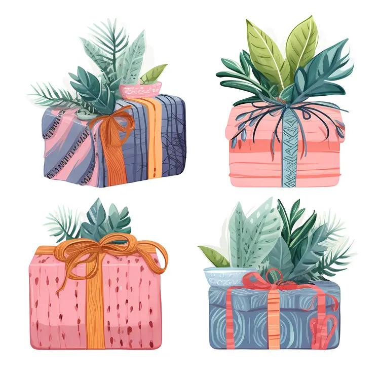 Gift Boxes with Greenery and Decorative Ribbons