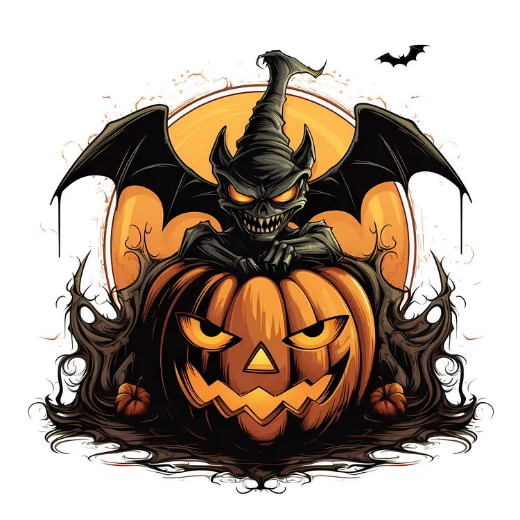 Bat on Pumpkin with Full Moon