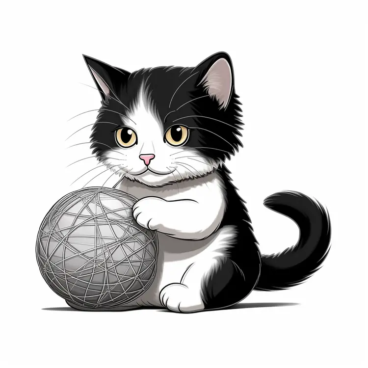 Cute Black and White Cat Playing with Yarn Ball