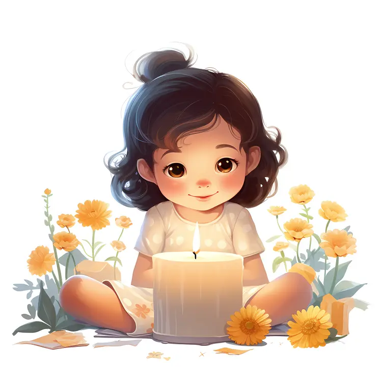 Cute Girl Sitting with Candle and Flowers
