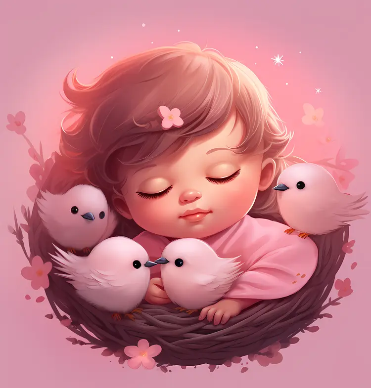 Sleeping Baby with White Birds in a Nest