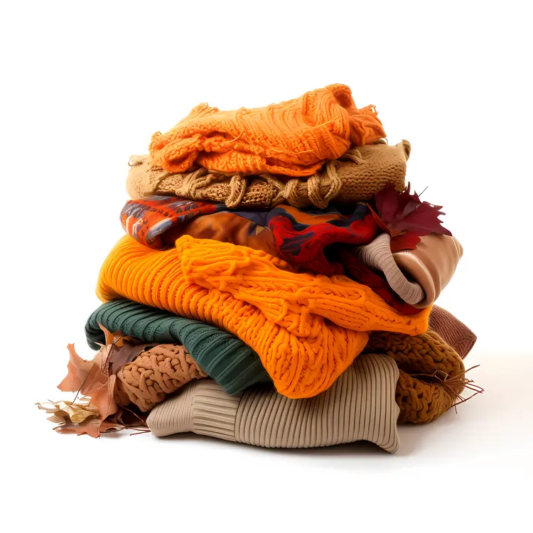 Orange and Green Pile of Cozy Sweaters with Leaves