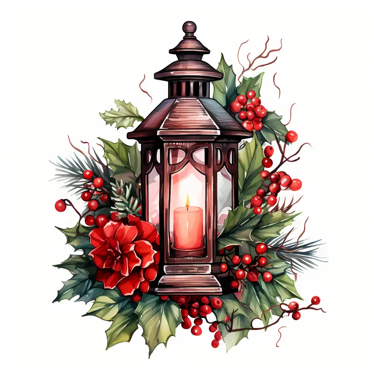 Bronze Lantern with Candle and Red Berries