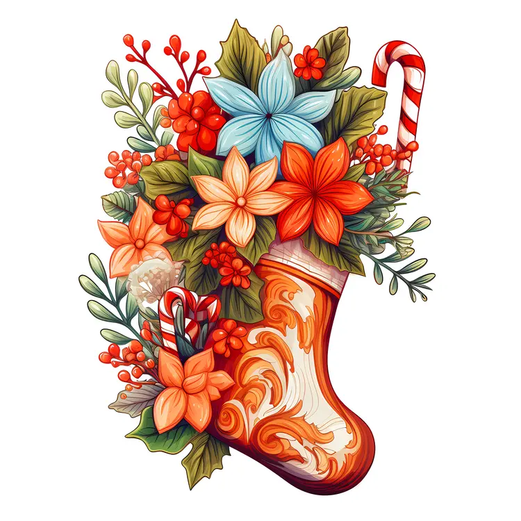 Orange Christmas Stocking with Flowers and Candy Canes