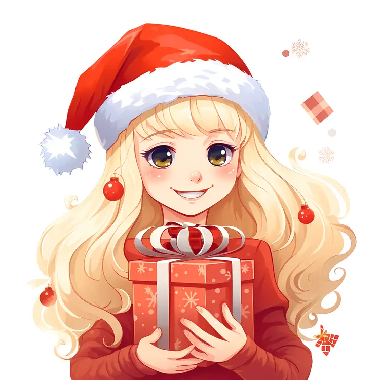 Blonde Girl with Santa Hat Holding a Festive Gift
