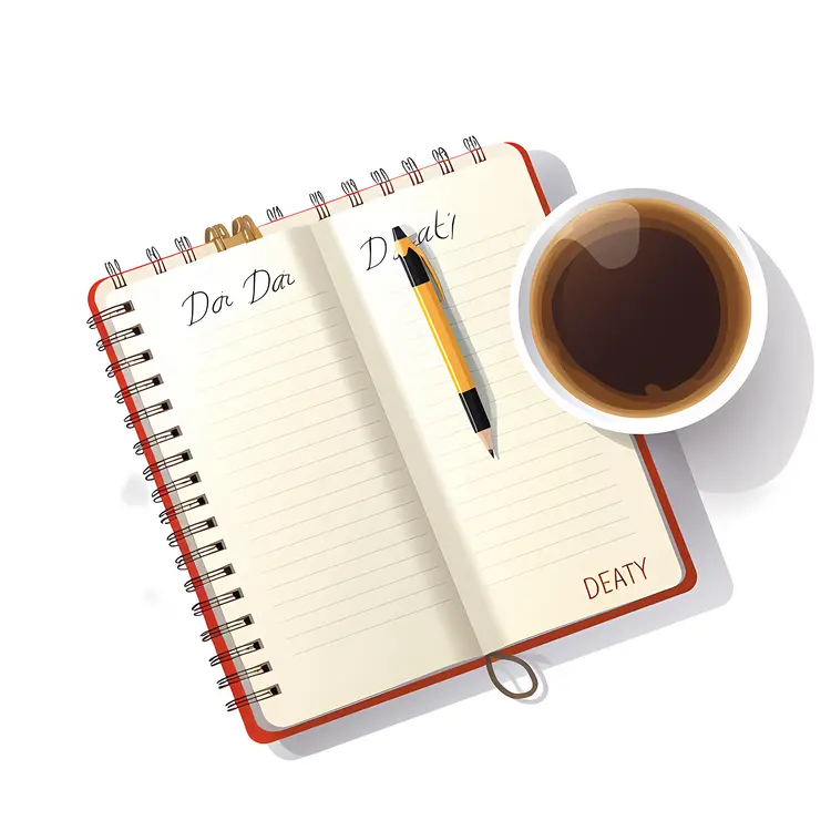 Notebook with Pen and Coffee Cup