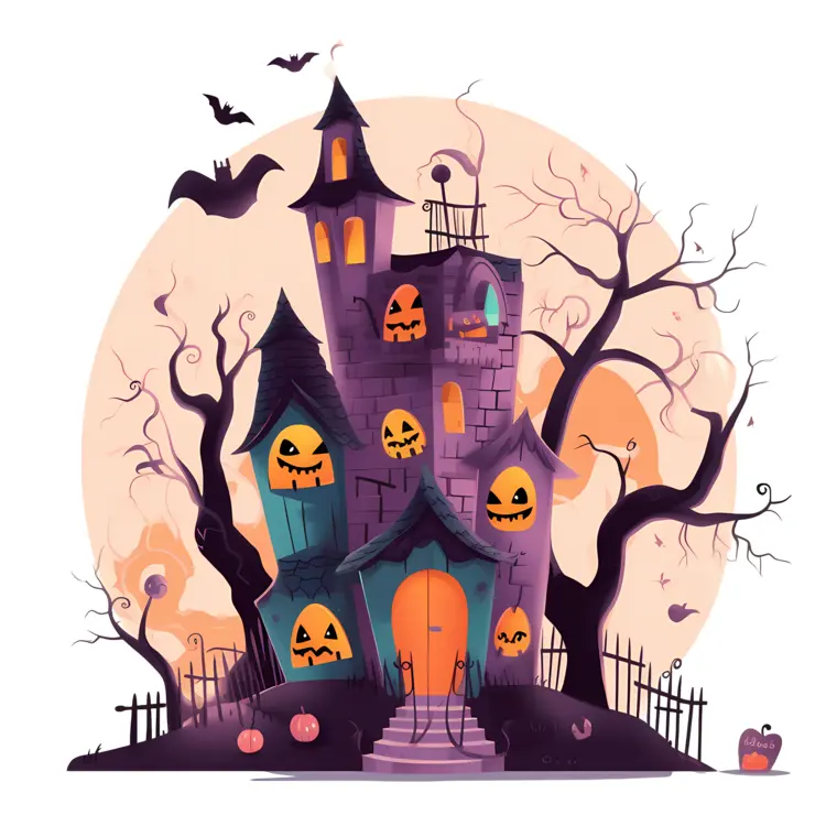 Haunted House with Jack-o'-Lanterns and Bats