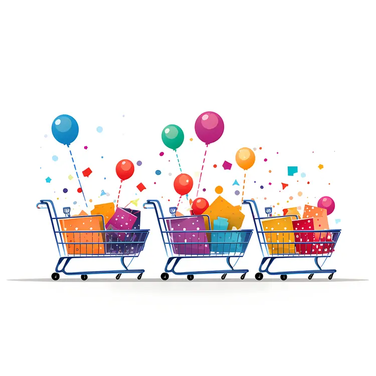 Multiple Shopping Carts with Gifts and Balloons