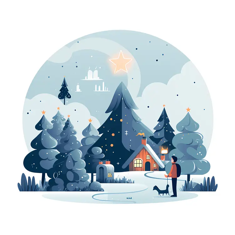 Snowy House with Lantern and Dog