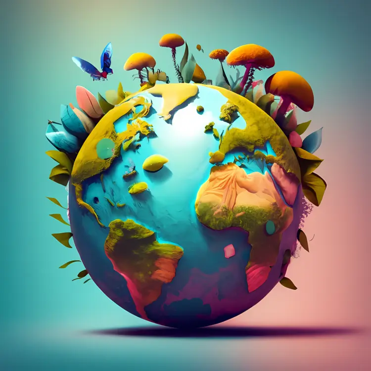 Earth with Mushrooms and Nature Elements