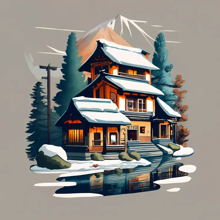 Snowy Cottage by the Lake