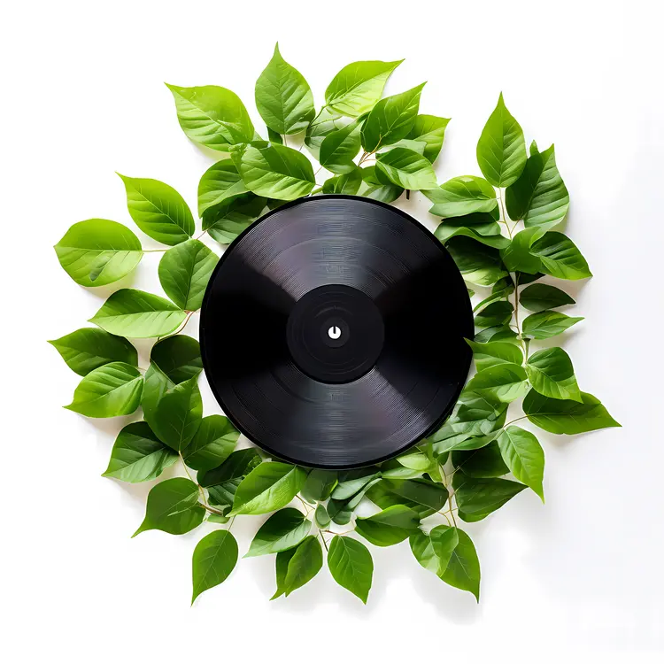 Black Vinyl Record with Leaves