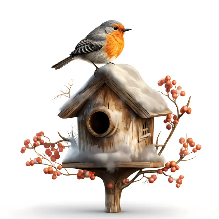 Birdhouse with Bird and Berries