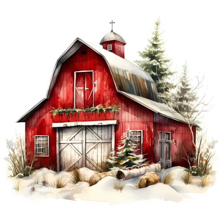 Red Barn in Snowy Landscape