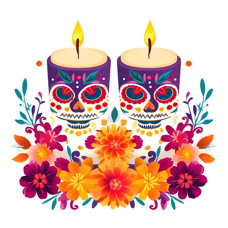 Colorful Day of the Dead Candles with Flowers and Skulls