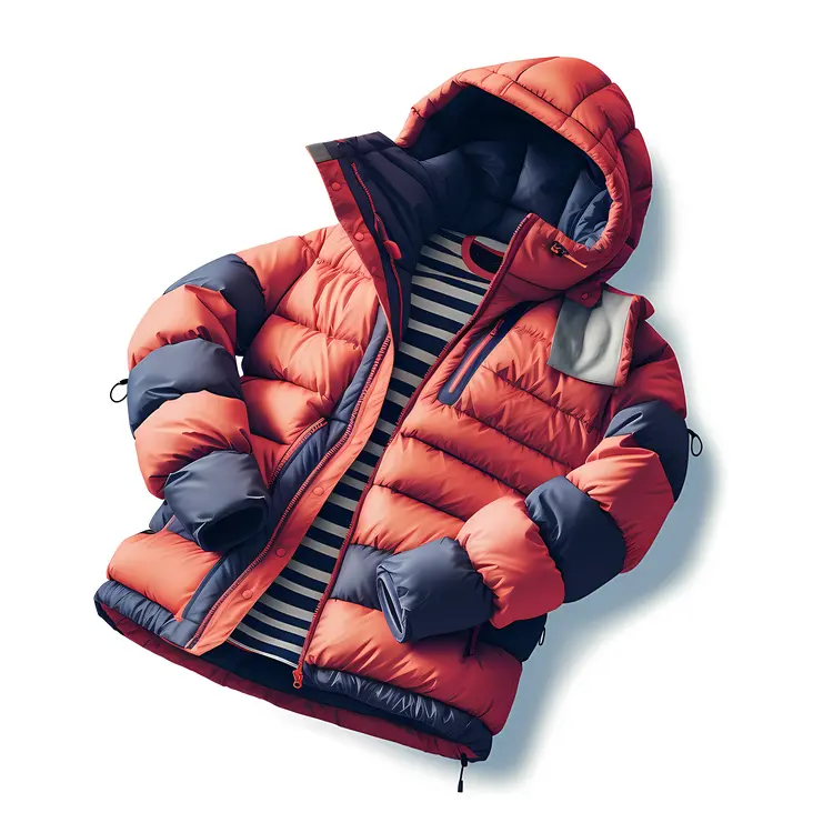 Red and Blue Puffer Jacket with Hood