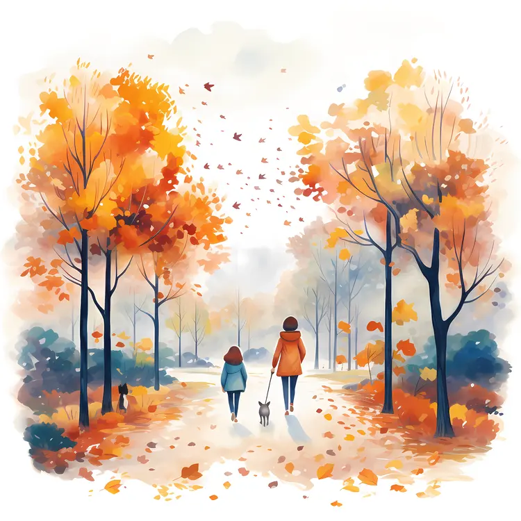 Woman and Child Walking in Autumn