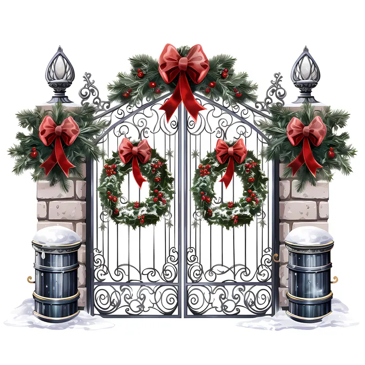 Gate with Christmas Wreaths and Red Bows
