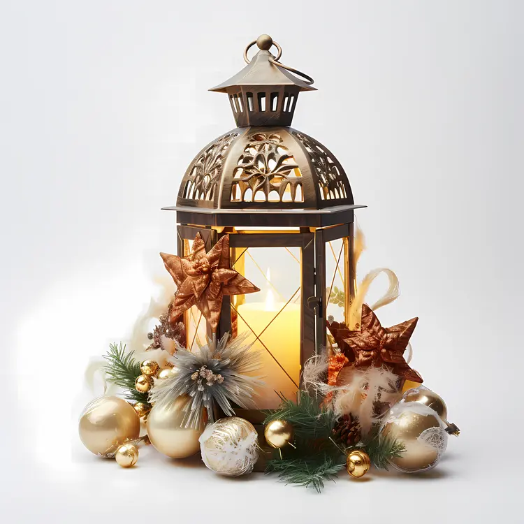 Golden Lantern with Candle and Ornaments for Christmas