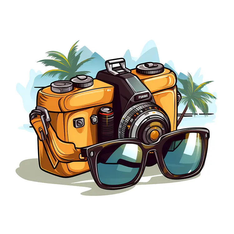 Yellow Camera and Sunglasses with Palm Trees