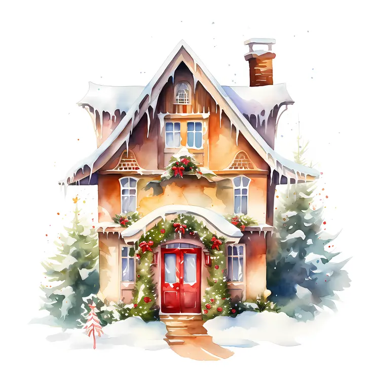 Snowy house with Christmas decorations