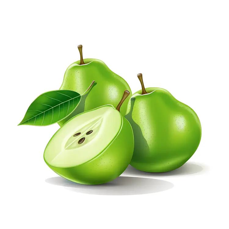 Three Green Pears with One Cut in Half