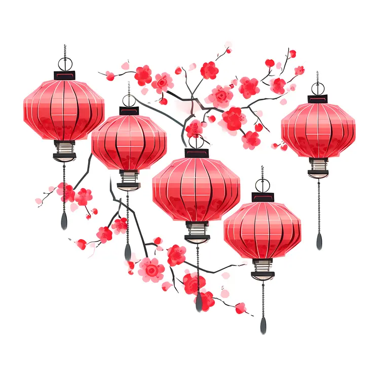 Red Lanterns with Cherry Blossoms for Chinese New Year