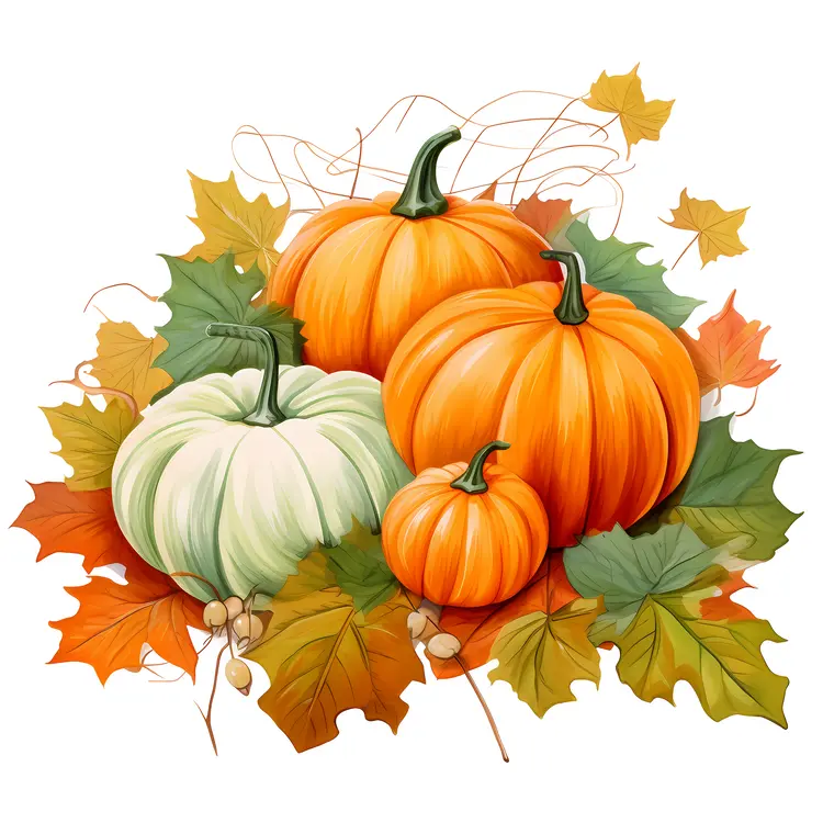 Colorful Pumpkins with Autumn Leaves for Fall Festivities