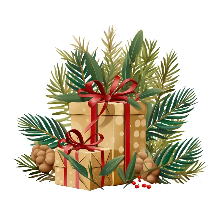 Festive Gift Boxes with Pine Leaves and Red Ribbon