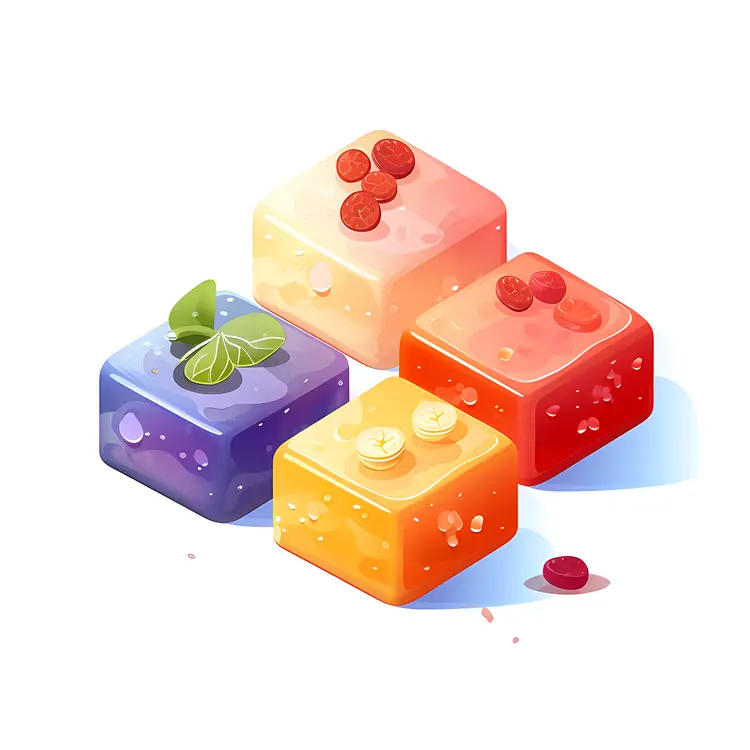 Colorful Jelly Cubes with Fruit Toppings