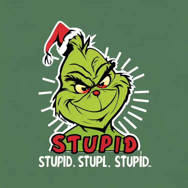 Grumpy Green Character with Santa Hat and 'Stupid' Text
