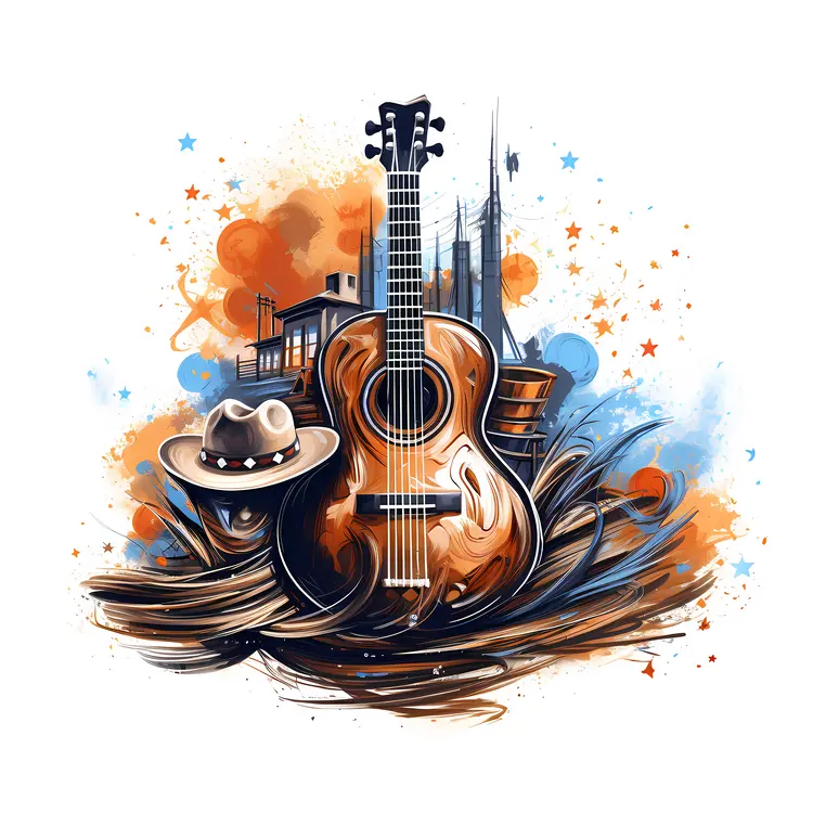 Guitar with Hat and Cityscape Background
