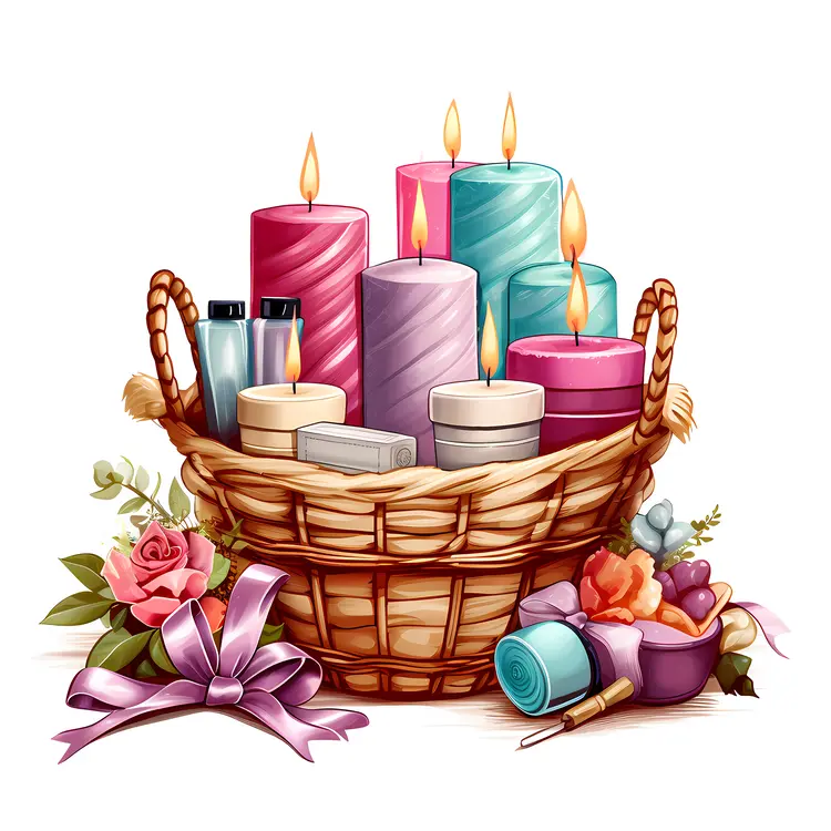 Basket with Colorful Candles and Flowers