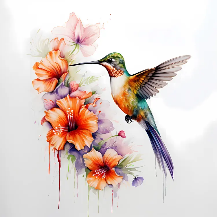 Hummingbird Hovering Near Orange Flowers