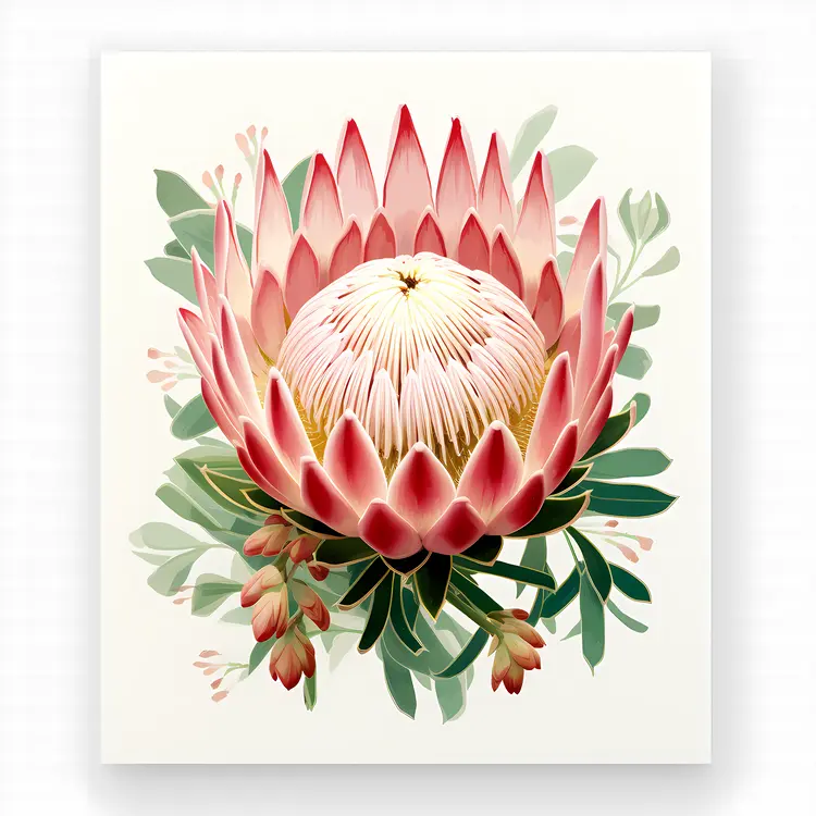 Pink Protea Flower with Green Leaves
