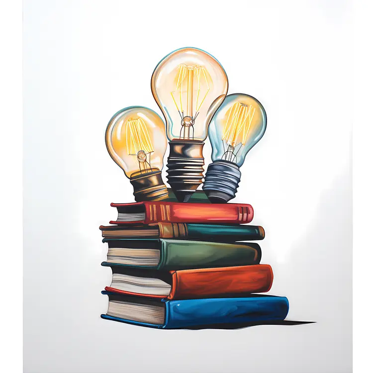 Light Bulbs on Stack of Books for Knowledge and Creativity Concept