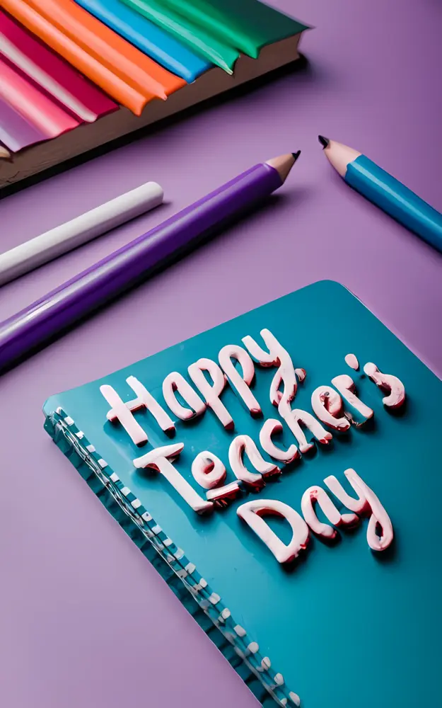 Happy Teacher's Day Greeting with Notebook and Pencils