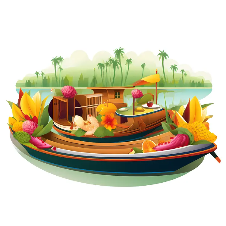 Decorated Boat with Fruits in Tropical Setting