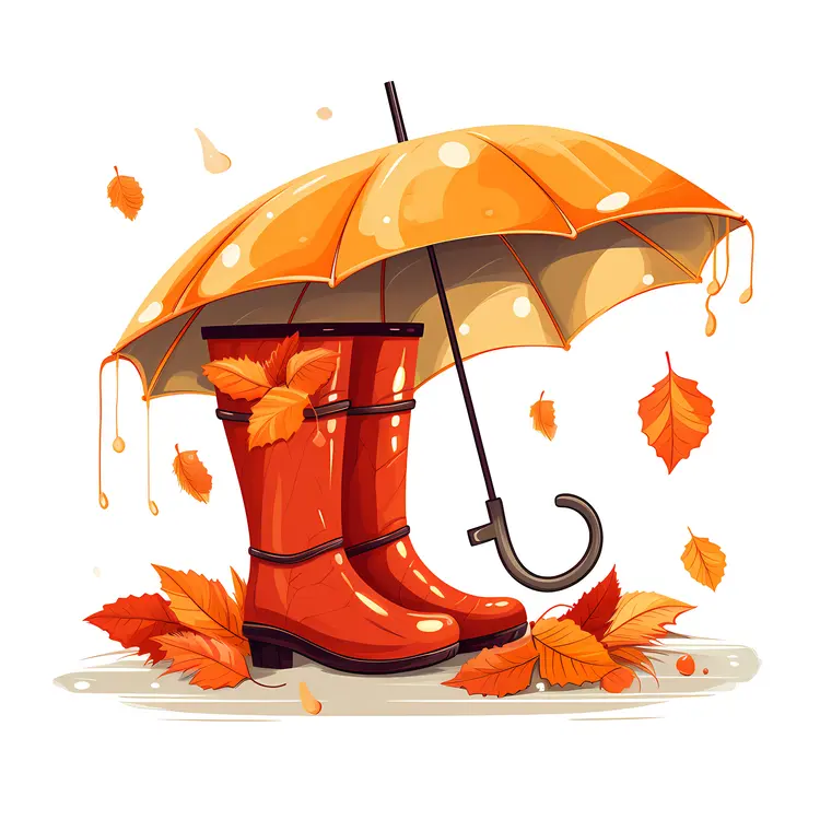 Orange Boots and Umbrella with Autumn Leaves