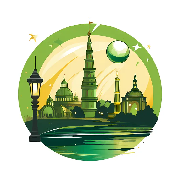 Green Mosque with Minarets and Dome