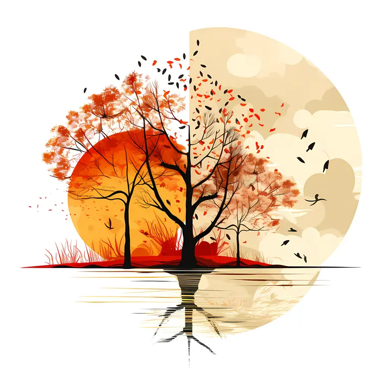 Tree with Orange Leaves and Sun Reflection
