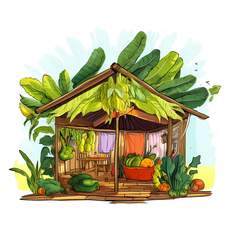 Rustic Tropical Hut with Fresh Vegetables