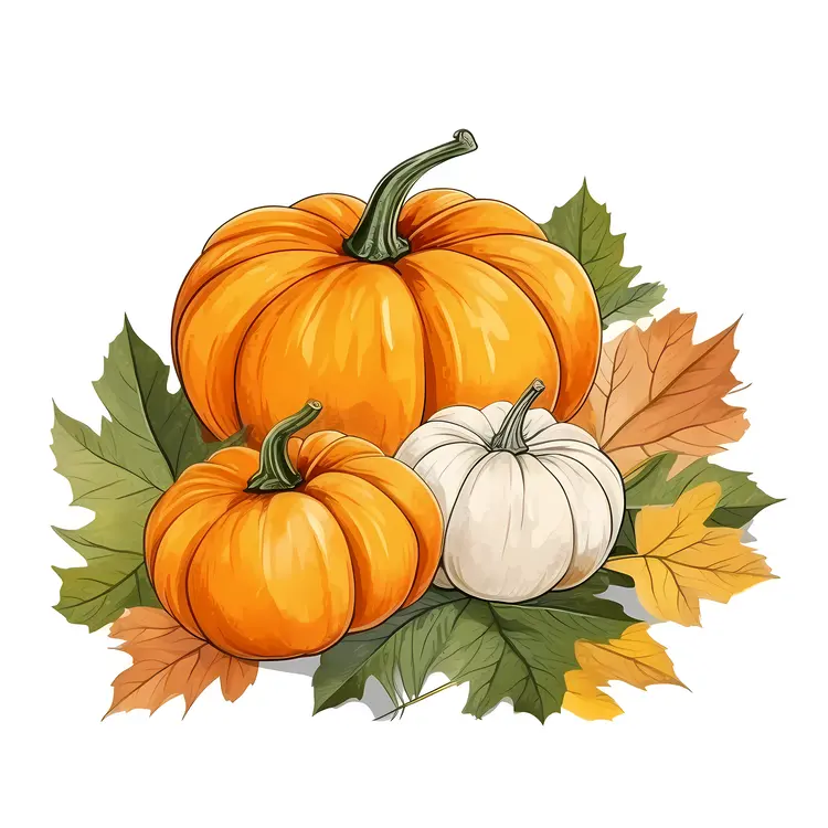 Beautiful Pumpkins with Autumn Leaves